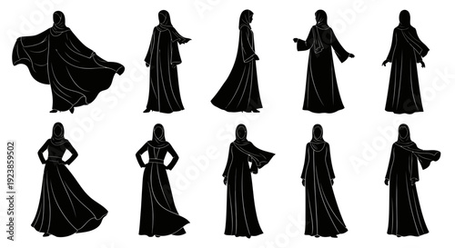 Islamic Fashion Vector Silhouettes: Collection of Muslim Women in Abayas and Hijabs, Black and White Outline Illustrations of Modest Wear Culture.