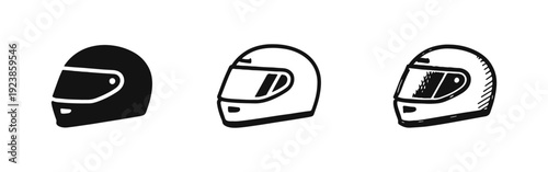 Racing Helmet Icons Set - Motorcycle Head Protection Symbols in Solid, Outline, and Hand-Drawn Style
