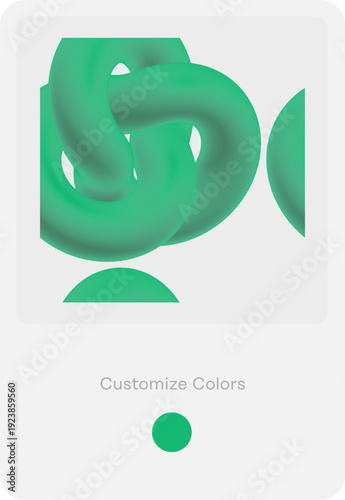 Modern mobile application interface displaying a customizable color palette with a vibrant green 3D abstract fluid shape on a clean white background.