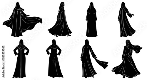 Black and White Silhouette Vector Set of Diverse Muslim Women in Abayas and Hijabs, illustrating Islamic Culture and Modest Fashion.