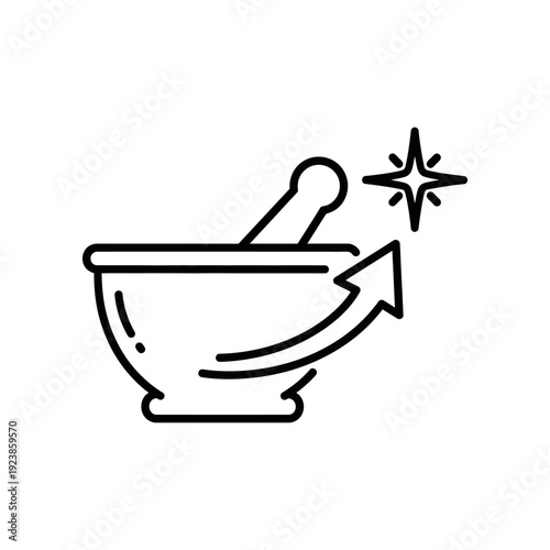 Minimalist black and white illustration of a magical cauldron brewing a potion with swirling smoke and sparkle effect, perfect for fantasy, alchemy, and mystical themes.