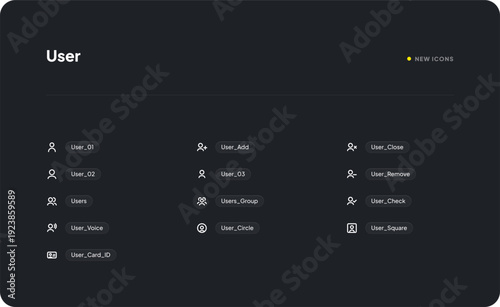 Clean dark mode user interface design showcasing various user management icons and text labels for modern digital applications and web platforms.