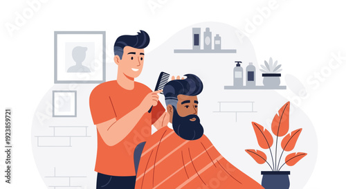 Barber Combing Hair of Bearded Man in Salon