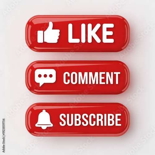 Three glossy red social media buttons with like comment subscribe in 3 D render 2