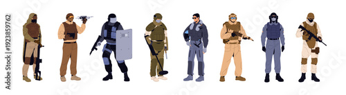 Set of different types of army. Soldiers in military uniform with weapon. Men of armed forces with guns: sharpshooter, tanker, swat, sniper, aviator, UAV operator. Flat isolated vector illustration.