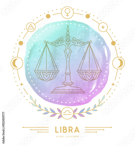Modern magic witchcraft card with astrology Libra zodiac sign characteristic on watercolor background. Vector illustration