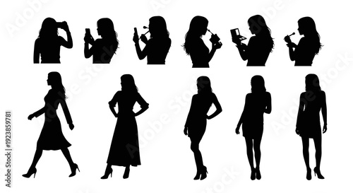 Black  White Vector Silhouette Collection of Women: Beauty, Fashion,  Lifestyle. Female Silhouettes Posing, Walking, Applying Makeup, and Taking Selfies.
