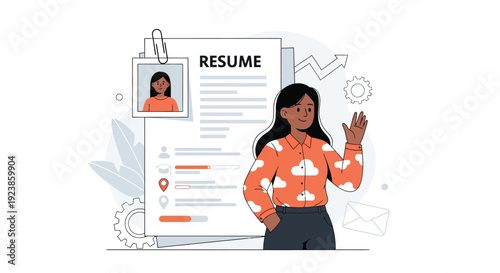 Smiling Woman Applicant Standing Next to Resume