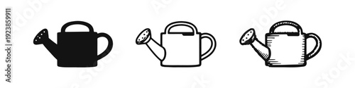 Watering Can Icons Set in Solid, Outline, and Hand-Drawn Doodle Style for Garden and Plant Care