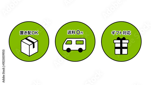 「送料0円」「置き配OK」「ギフト対応」のECサイト向け説明図アイコンセット：19_送料ピクト