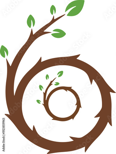 Spiral tree branches with leaves and arrow segments, brown and green colors, concept of growth and cyclical process, abstract nature design.