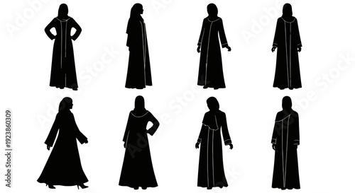 Diverse Muslim Women in Traditional Abaya and Hijab Garments, Black Vector Silhouette Illustrations, Depicting Islamic Fashion, Culture, and Identity