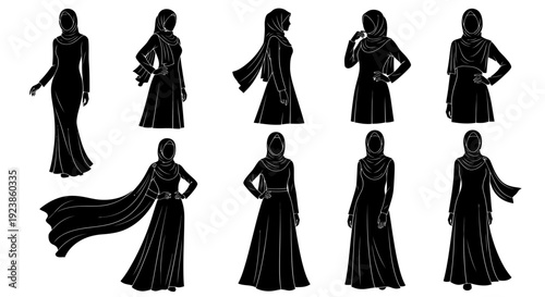 Black and White Vector Silhouettes of Muslim Women in Modest Islamic Fashion Abayas and Hijabs, Traditional Clothing Design Collection