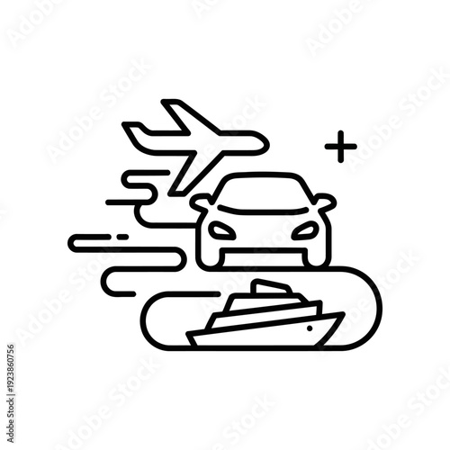 A stylized illustration of a car, airplane, and ship in motion, symbolizing various transportation methods and logistics.
