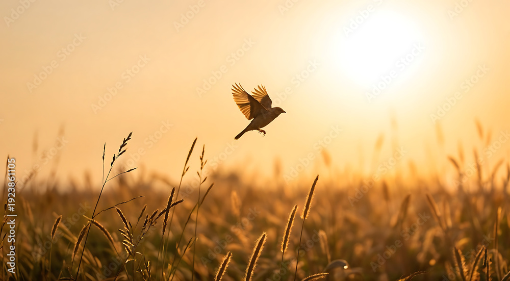 Obraz premium Butterfly flying over a wheat field at sunset with warm golden light and soft focus.