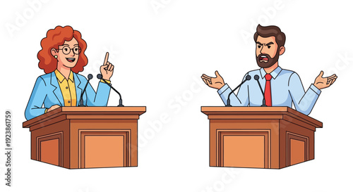 Woman and Man Debating at Podiums with Microphones