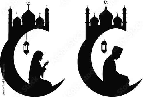 Ramadan silhouette of a muslim couple praying in mosque