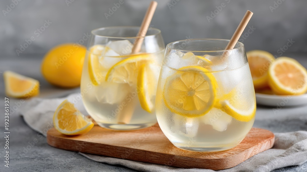 Fototapeta premium Refreshing Lemonade with Fresh Lemon Slices and Ice in Stylish Glasses on Wooden Board Surrounded by Lemon Halves and Gray Background