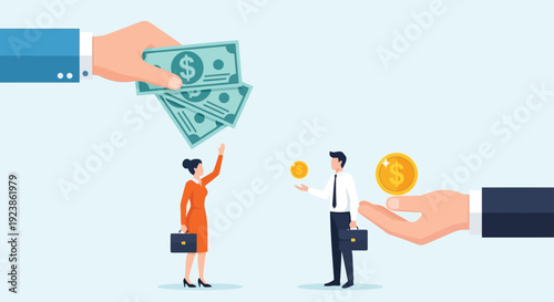 Hands Exchanging Money with Business People and Coins