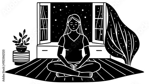 A contemplative figure sits in quiet meditation beside an open window with natural light.