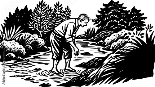 A lone wolf exploring the serene and rugged woodland path during twilight hours.