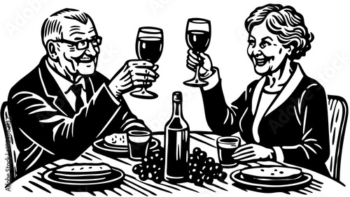 Vintage illustration of two people enjoying drinks and conversation over a meal together