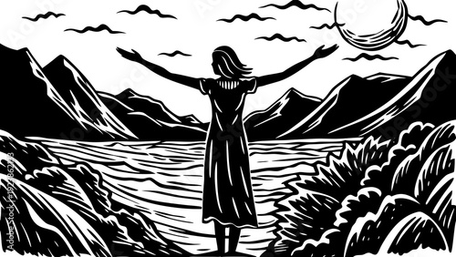 A man reaching towards the sky amidst the clouds in a woodcut style artwork