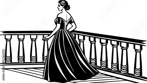 Elegant woman in vintage gown standing gracefully on a balcony railing