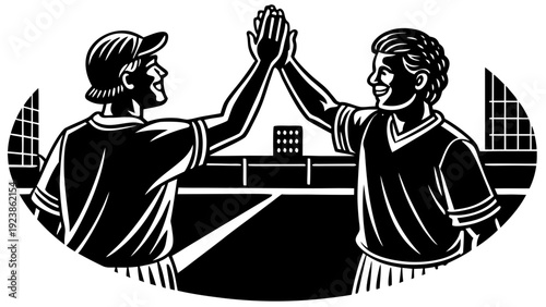 Two figures celebrating a triumphant victory with raised hands in a circular frame