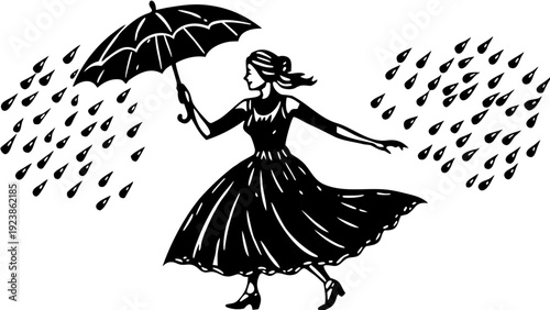 Elegant woman dancing in the rain with an open umbrella on a stormy day