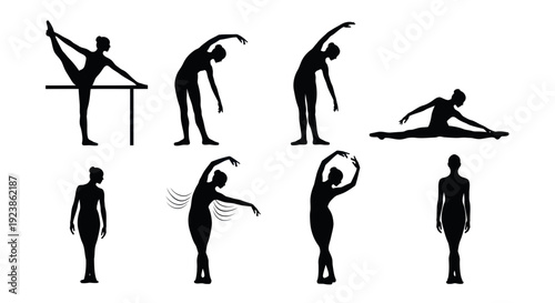 Dance and Fitness Industry: Black and White Vector Silhouette Illustrations of a Woman in Ballet, Yoga, and Stretching Poses. Exercise Collection.