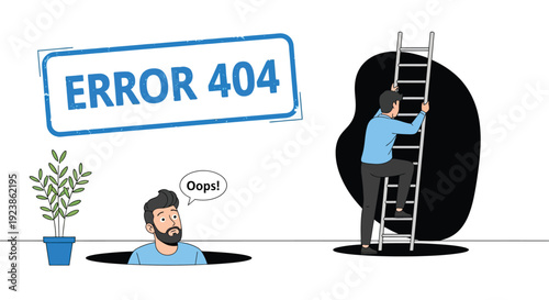Error 404 Page Not Found Concept Man Stuck Man Climbing Ladder