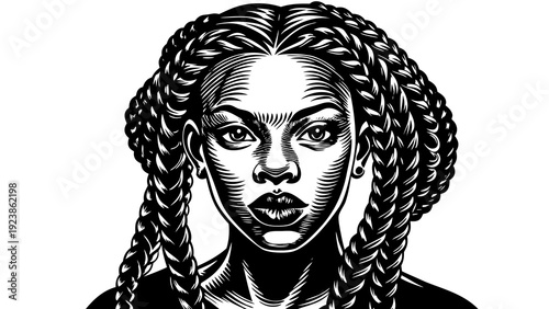 Elegant black and white portrait of a woman with intricate braided hairstyle.