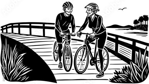 Two men enjoying a peaceful bike ride along a scenic bridge by the water