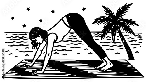 Woman performing yoga pose by the beach under palm trees in a serene setting