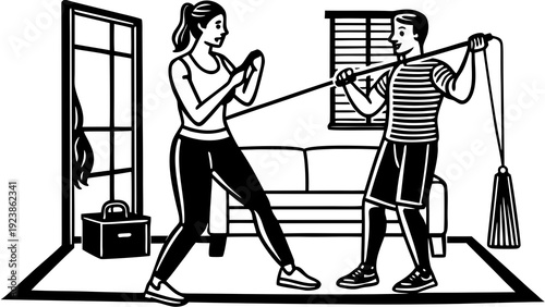 Woman vacuuming a living room while a child observes from a doorway