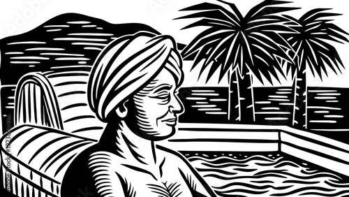 A solitary figure gazing thoughtfully at a tropical landscape with palm trees.