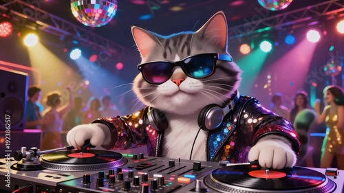 Exaggerated cartoon cat DJ mixing music on turntables under colorful disco lights, creating a playful party atmosphere with vibrant energy and fun nightlife vibes.

