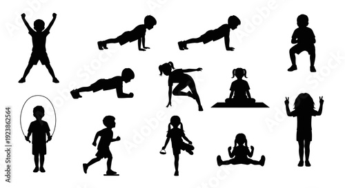 Children Exercise Silhouettes: Yoga, Running, Jumping Rope, Push-ups - Kids Fitness Vector Art