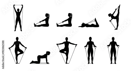 Silhouette set of woman doing resistance band exercises, fitness and workout poses, black and white vector art