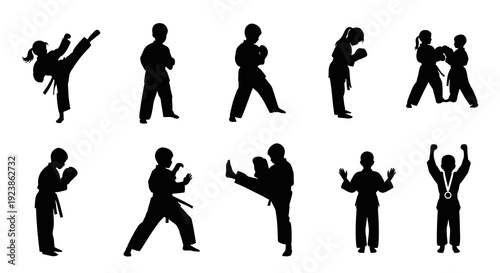 Black and White Silhouette of Kids Practicing Karate and Taekwondo Poses in a Vector Style