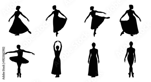 Performing Arts Ballet Dancers Silhouette Vector Set. Elegant Female Ballerinas in Various Graceful Dance Positions and Poses for Design.