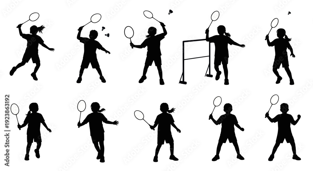 Obraz premium Badminton Silhouette Icons: Kids Playing Sport with Rackets, Vector Graphics