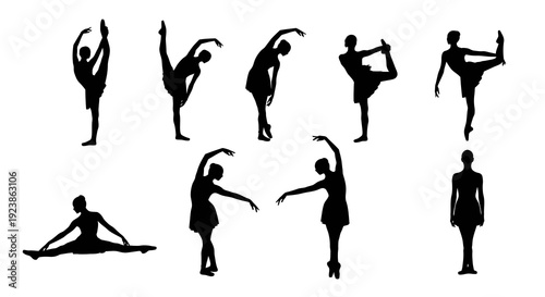 Elegant Ballet Dancers Silhouettes Vector Set. Black  White Glyph Collection of Graceful Poses for Dance, Performing Arts, and Fitness Industry