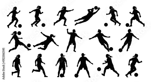Black and White Silhouettes of Female Soccer Players in Various Poses, Vector Art