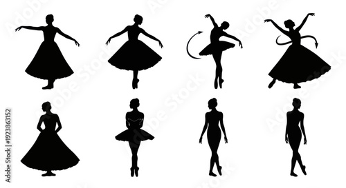 Elegant Ballet Dancers Silhouettes Collection. Various poses of female ballerinas in tutus and dresses, perfect for performing arts and dance graphics.