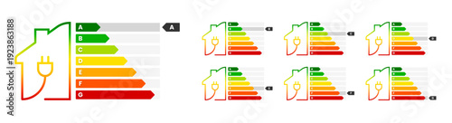 Energy efficiency class rating label set. Isolated home energetic efficiency certification template. eco-friendly house classes appliance rate collection: A, B, C, D, E, F, G. Vector illustration.