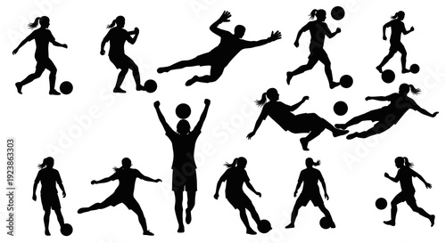 Female Soccer Players Vector Silhouettes Set: Dynamic Women's Football Poses in Black and White for Sports Design and Athletic Themes.