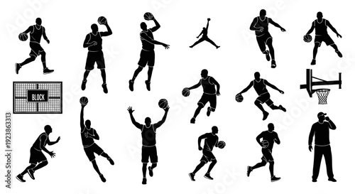 Basketball Players Silhouettes Set. Dynamic Sports Vector Glyphs of Athletes with Ball and Hoop for Game, Training, and Competition.
