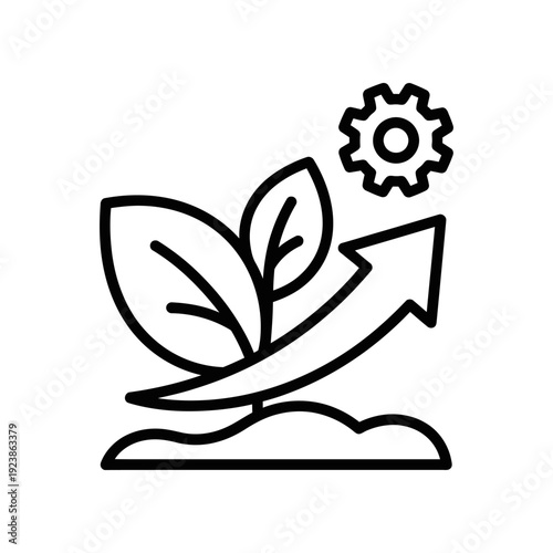 Minimalist line art illustration of a sprouting plant integrated with a gear, representing eco-friendly business growth and innovation in a clean, modern style.